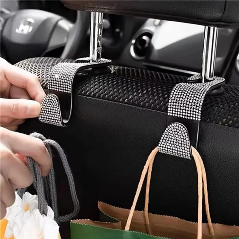 Bling Car Seat Hooks Black (2 Pack) Bling Rhinestones Crystal Hanger Organizer